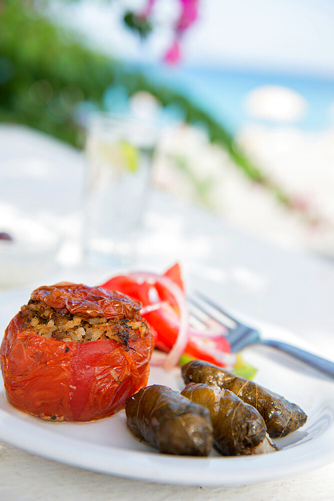 Greek Food, stuffed peppers and dolmades, Ialyssos, Rhodes, Dodecanese, Greek Islands, Greece, Europe