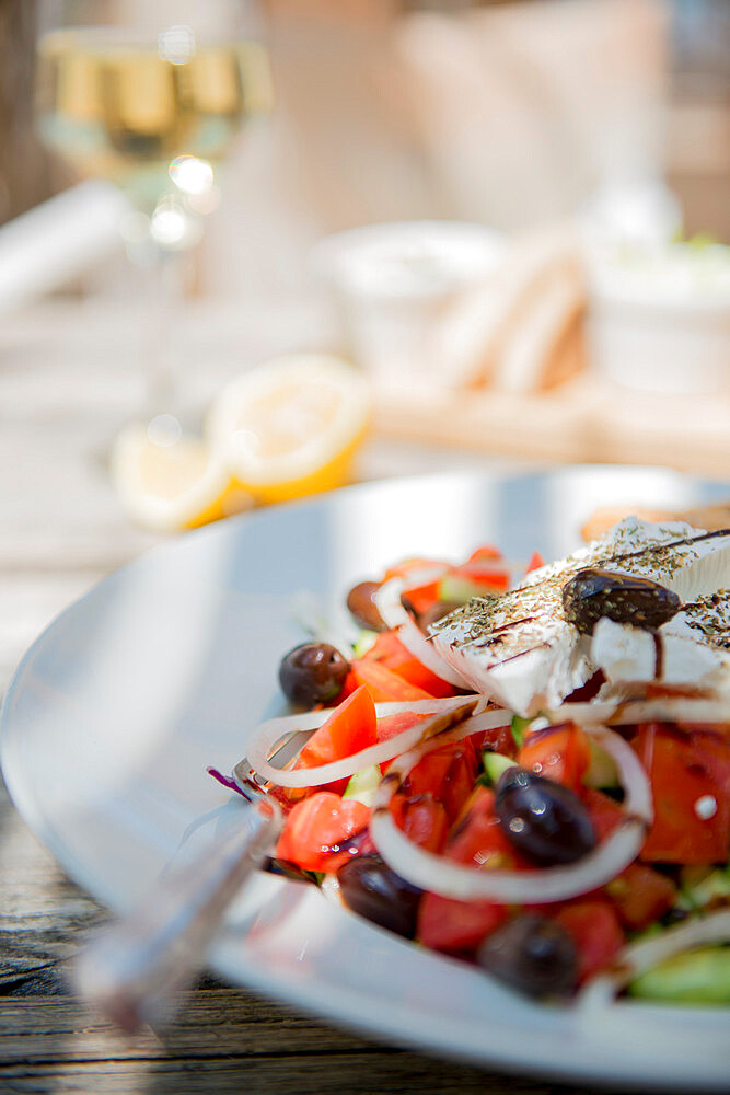 Cypriot Village Salad served with pitta bread and white wine, Cyprus, Mediterranean, Europe