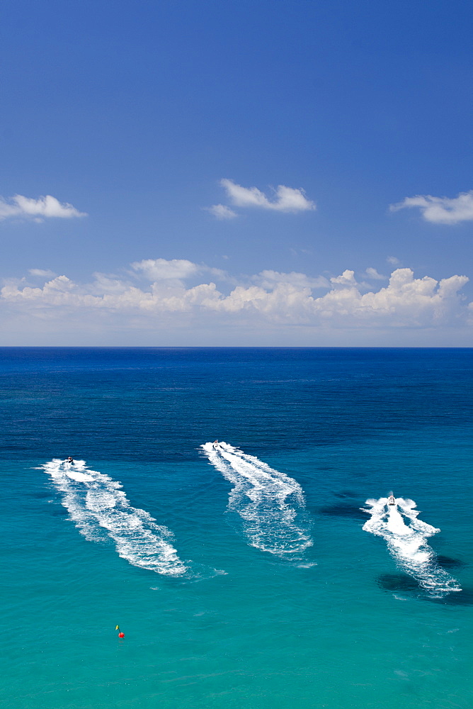 Aerial view of people on jet skis, Coral Bay, Paphos, Cyprus, Mediterranean, Europe