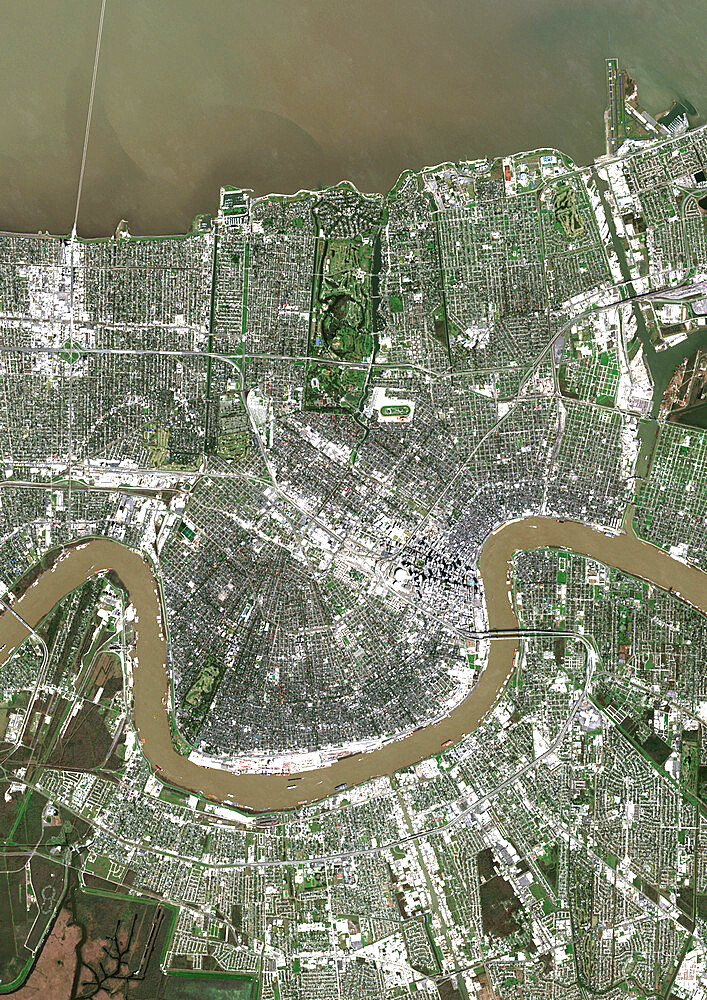 Color satellite image of New Orleans, Louisiana, United States. The city is located in the Mississippi River Delta, south of Lake Pontchartrain, on the banks of the Mississippi River.  Image collected on February 10, 2017 by Sentinel-2 satellites.