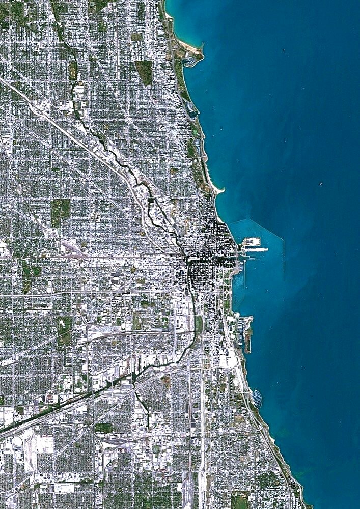 Color satellite image of Chicago, Illinois, United States. The city is located at the south western tip of Lake Michigan. Image collected on October 08, 2017 by Sentinel-2 satellites.