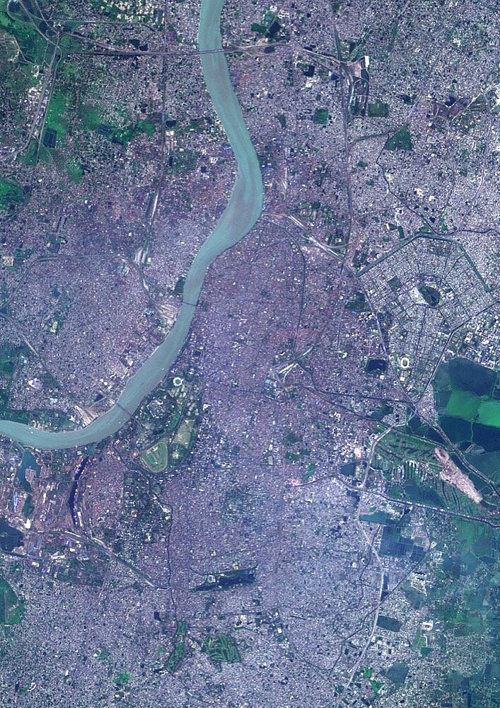 Color satellite image of Kolkata, India. The city is located on the east bank of the Hooghly River. Image collected on March 16, 2017 by Sentinel-2 satellites.