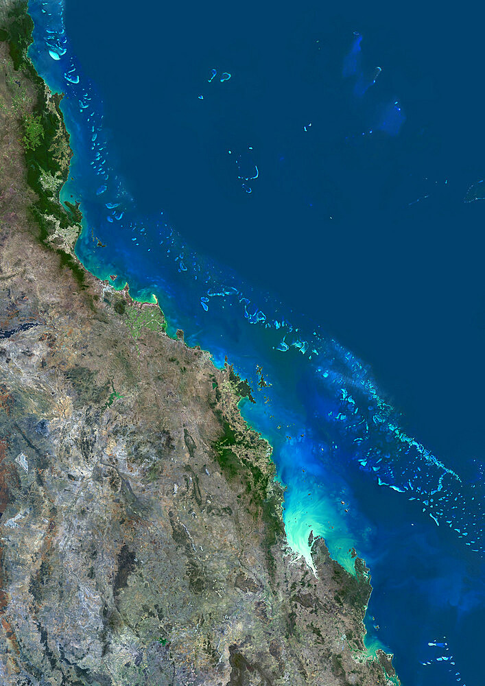 Satellite view of the Central Great Barrier Reef along Queensland's coastline in north-east Australia