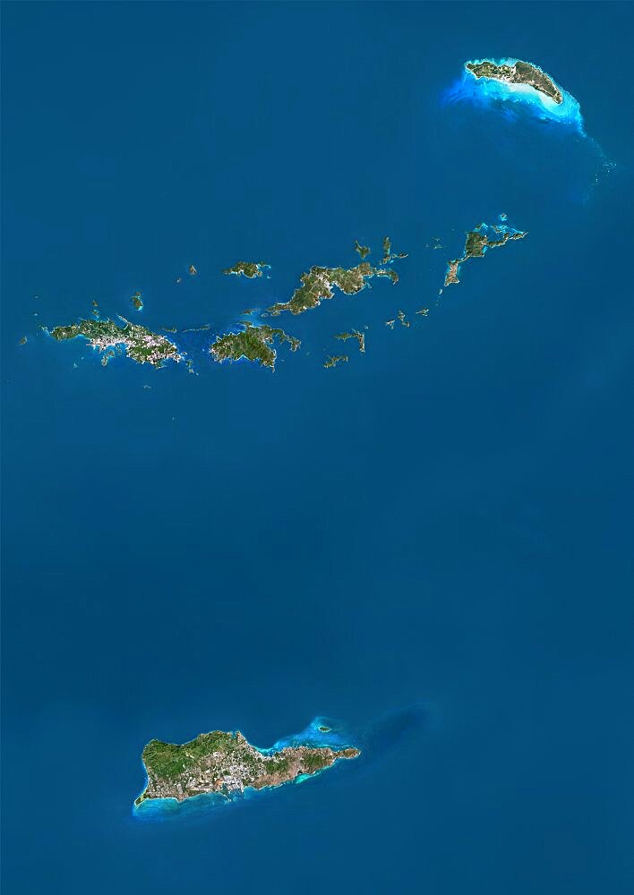 Satellite view of British and US Virgin Islands. This image was compiled from data acquired by Landsat satellites.