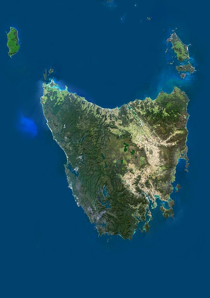 Satellite view of Tasmania, Australia. This image was compiled from data acquired by Landsat 8 satellite in 2014.