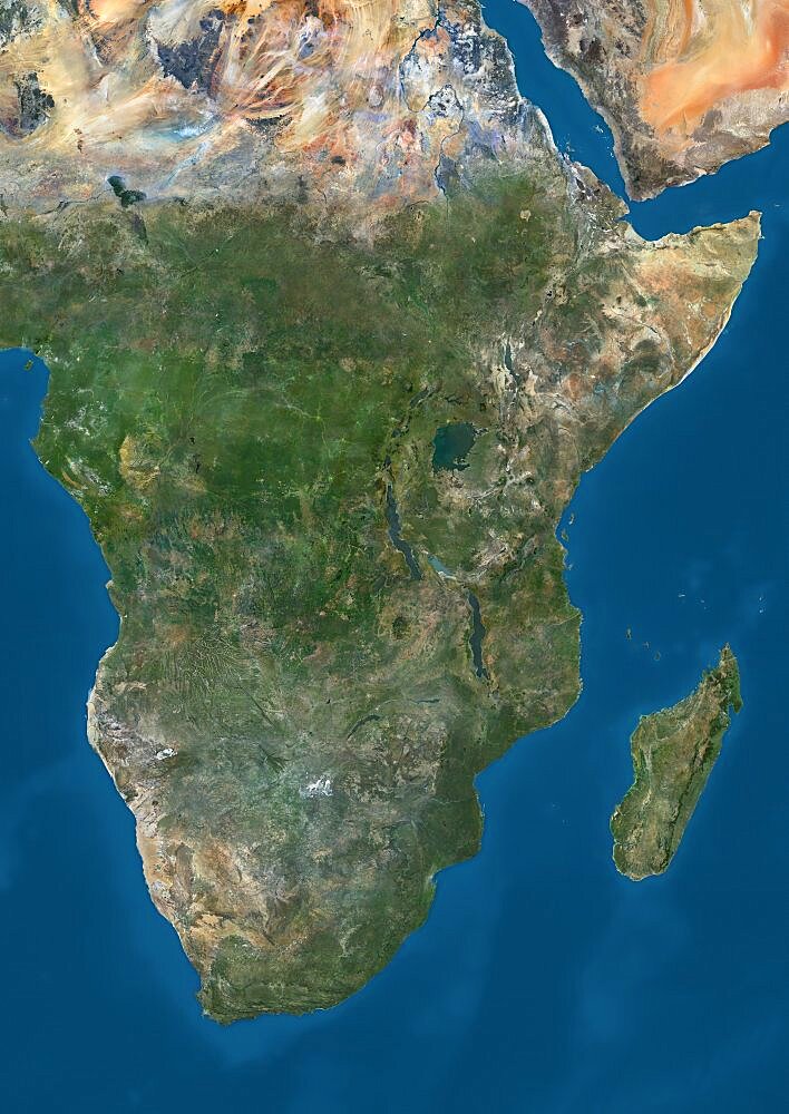 Satellite view of Southern Africa. It shows the African Great Lakes region. This image was compiled from data acquired by Landsat 7 & 8 satellites.