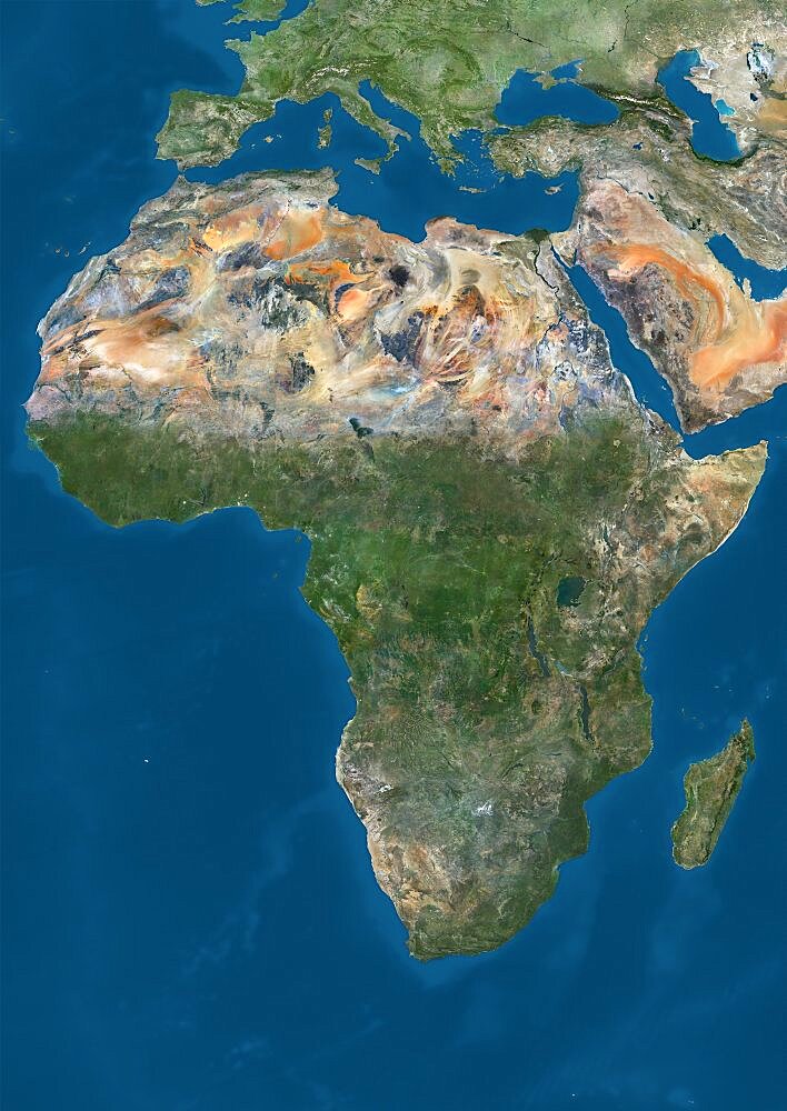 Satellite view of Africa. This image was compiled from data acquired by Landsat 7 & 8 satellites.