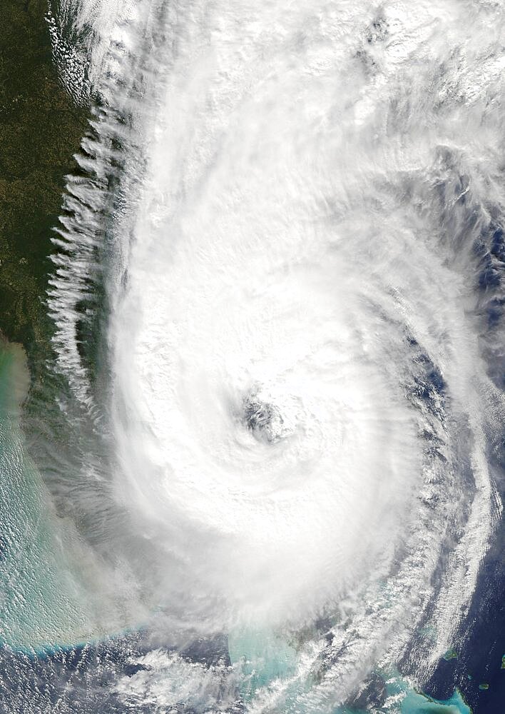 Hurricane Wilma, Atlantic Ocean, On 24/10/2005, True Colour Satellite Image. Hurricane Wilma on 24 October 2005 over Florida, US. True-colour satellite image using MODIS data.