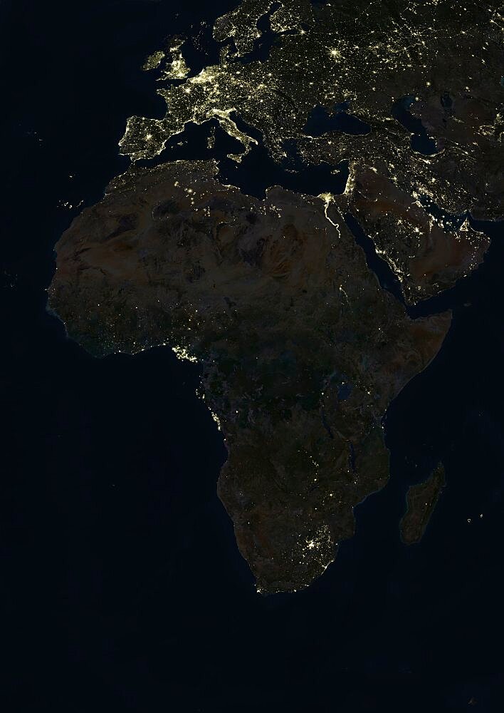 Africa At Night, True Colour Satellite Image. True colour satellite image of Africa at night. This image in Lambert Azimuthal Equal Area projection was compiled from data acquired by LANDSAT 5 & 7 satellites.