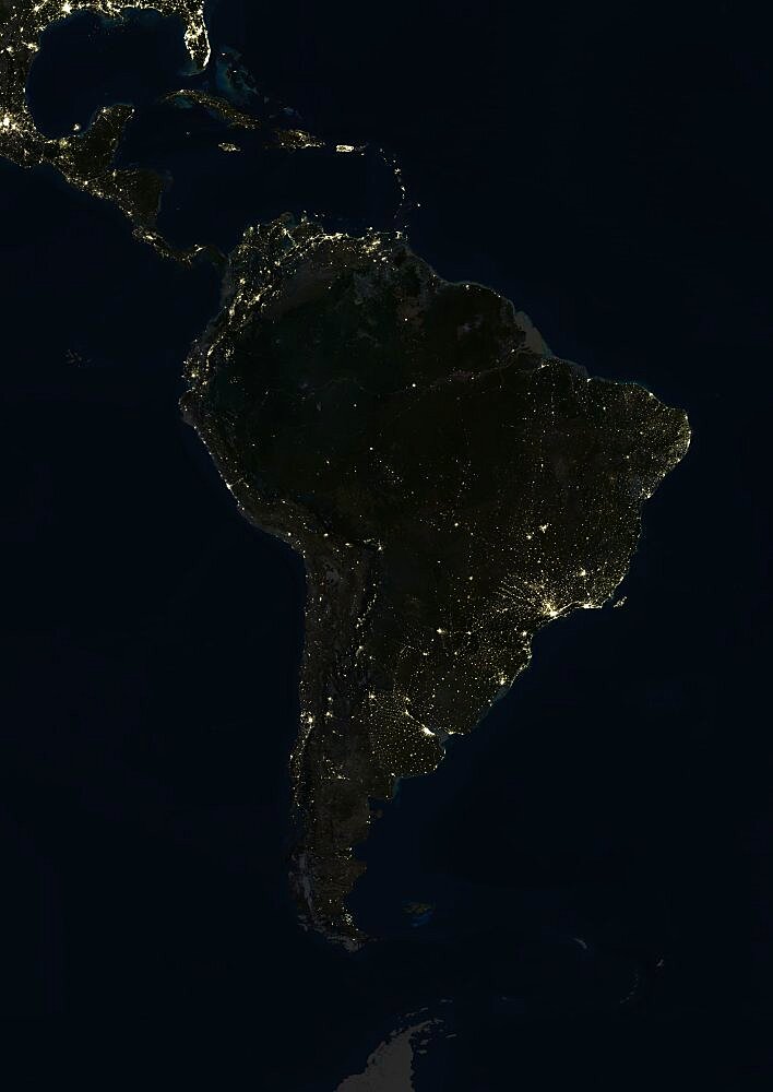 South America At Night, True Colour Satellite Image. True colour satellite image of South America at night. This image in Lambert Azimuthal Equal Area projection was compiled from data acquired by LANDSAT 5 & 7 satellites.