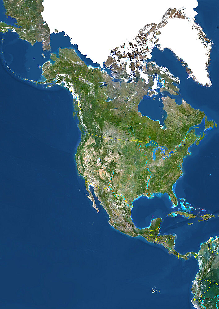 North America With Country Borders And Major Rivers, True Colour Satellite Image