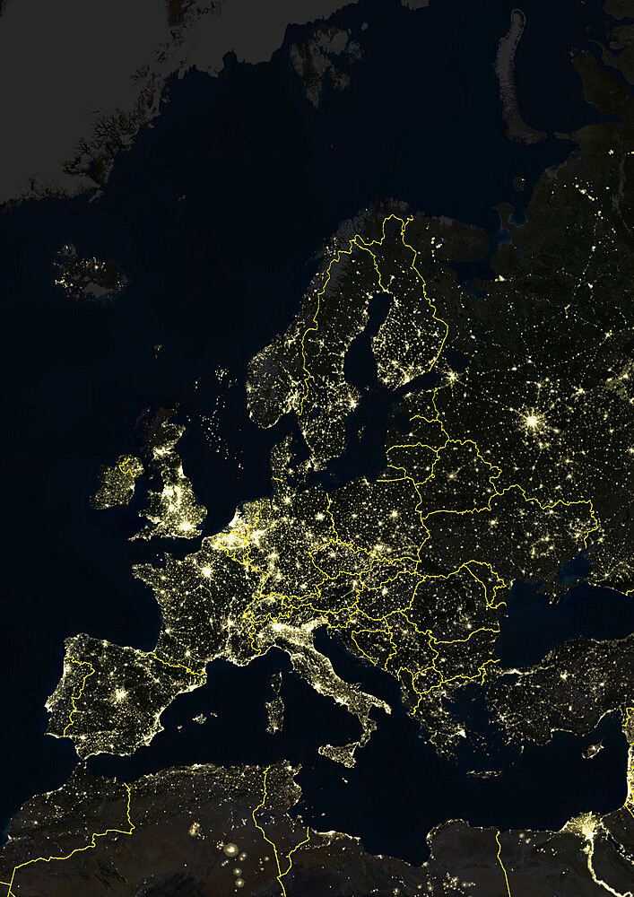 Europe At Night With Country Borders, True Colour Satellite Image. True colour satellite image of Europe at night with country borders. This image in Lambert Conformal Conic projection was compiled from data acquired by LANDSAT 5 & 7 satellites.