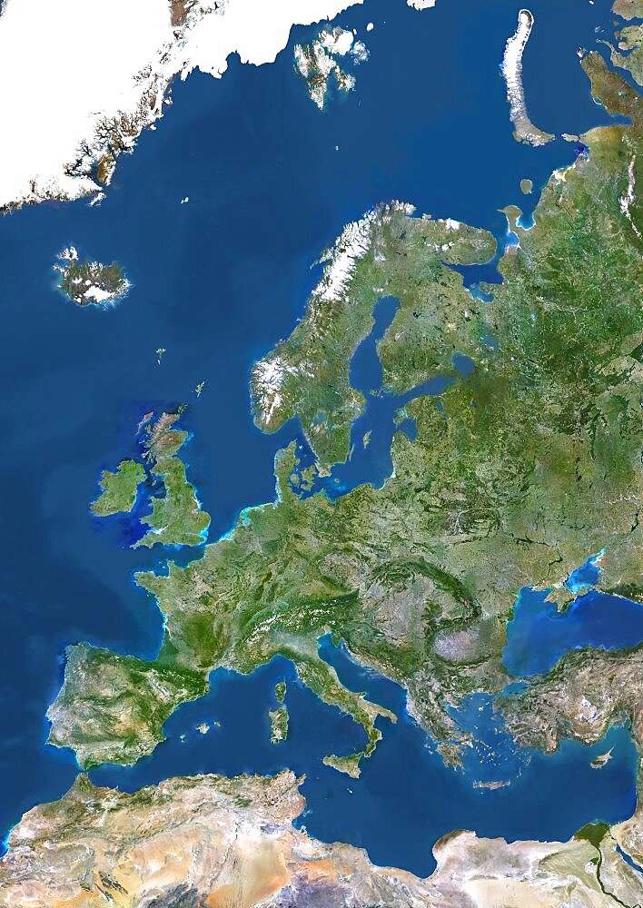 Europe, True Colour Satellite Image. True colour satellite image of Europe. This image in Lambert Conformal Conic projection was compiled from data acquired by LANDSAT 5 & 7 satellites.