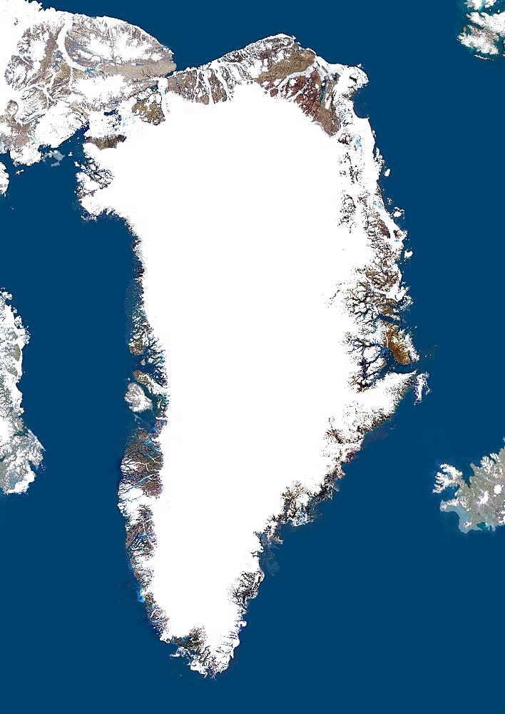 Greenland, True Colour Satellite Image With Mask. Satellite view of Greenland (with mask). This image was compiled from data acquired by LANDSAT 5 & 7 satellites.