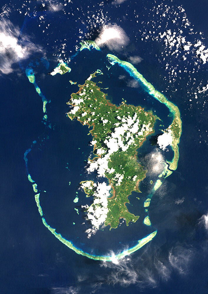 Mayotte, Africa, True Colour Satellite Image. Satellite view of Mayotte, an overseas collectivity of France, in the northern Mozambique Channel in the Indian Ocean. This image was compiled from data acquired by LANDSAT 5 & 7 satellites.