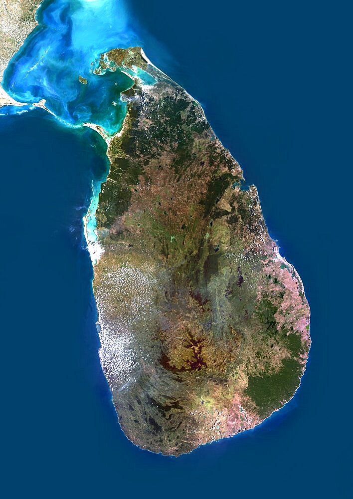 Sri Lanka, Asia, True Colour Satellite Image. Satellite view of Sri Lanka. This image was compiled from data acquired by LANDSAT 5 & 7 satellites.