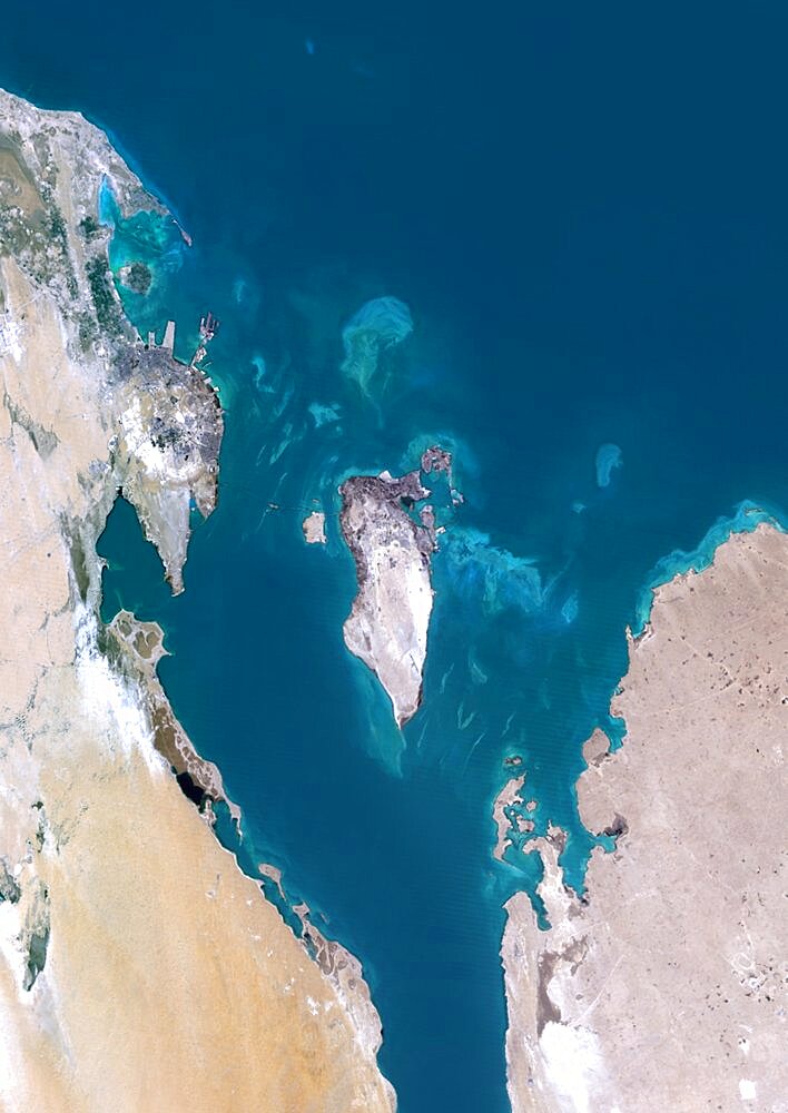 Bahrain, Middle East, Asia, True Colour Satellite Image. Satellite view of Bahrain . This image was compiled from data acquired by LANDSAT 5 & 7 satellites.