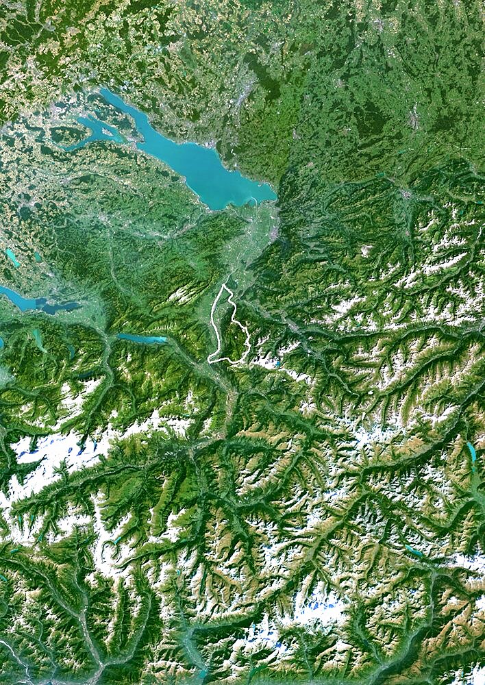 Liechtenstein, Europe, True Colour Satellite Image With Border. Satellite view of Liechtenstein (with border). This image was compiled from data acquired by LANDSAT 5 & 7 satellites.