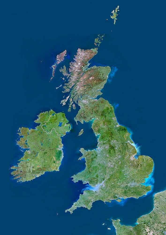 United Kingdom, Europe, True Colour Satellite Image With Border. Satellite view of Bulgaria (with border). This image was compiled from data acquired by LANDSAT 5 & 7 satellites.