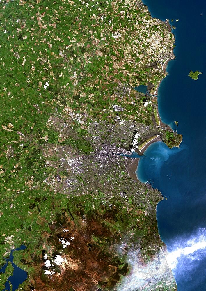 Dublin, Ireland, True Colour Satellite Image. Dublin, Republic of Ireland. True colour satellite image of Dublin, capital city of the Republic of Ireland. Composite of 2 image taken on 1st & 24 May 2001, using LANDSAT 7 data.