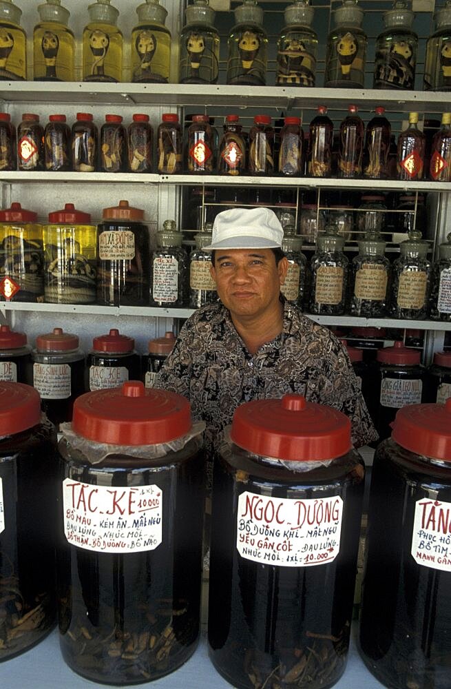 Vietnam, Pharmacist selling traditional Chinese malaria medicines