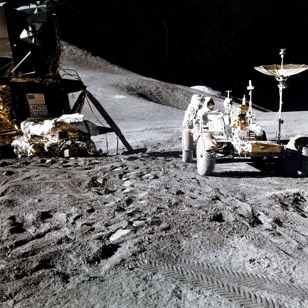 James B. Irwin works at the Lunar Roving Vehicle