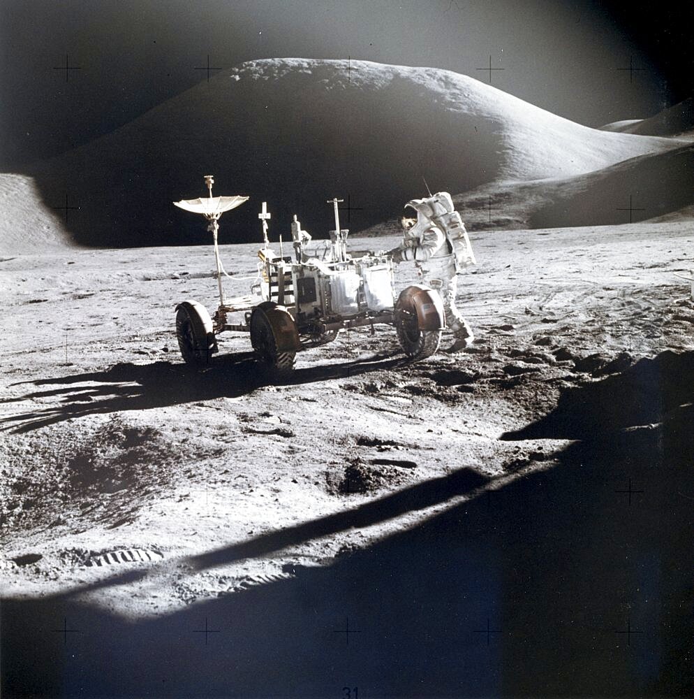 James B. Irwin works at the Lunar Roving Vehicle