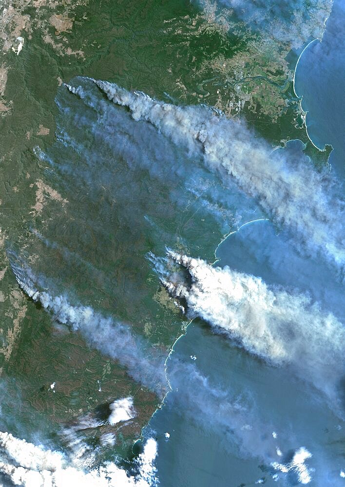 Color satellite image of bushfires in Batemans Bay on the South Coast region of New South Wales, Australia. Image collected on December 31, 2019 by Sentinel-2 satellites.