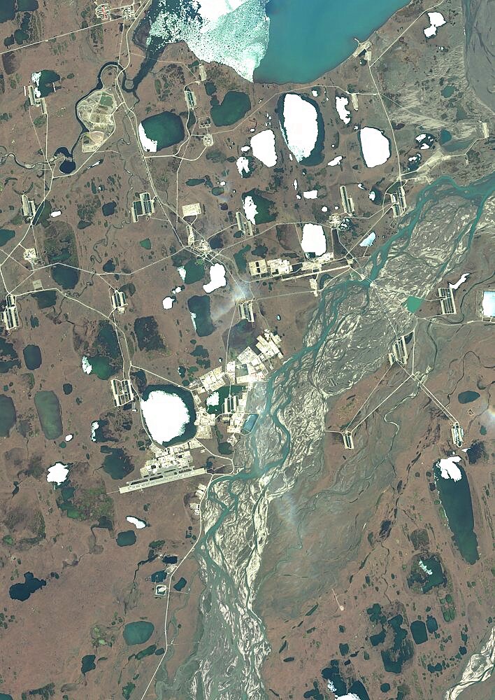 Color satellite image of Prudhoe Bay Oil Field, Alaska, United States. Image collected on July 02, 2020 by Sentinel-2 satellites.