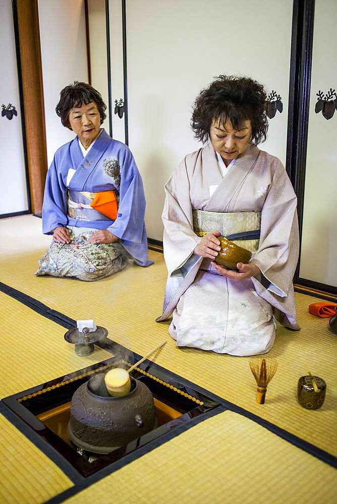 Tea ceremony with  iron teapot or tetsubin, in Cyu-o-kouminkan, Morioka, Iwate Prefecture, Japan