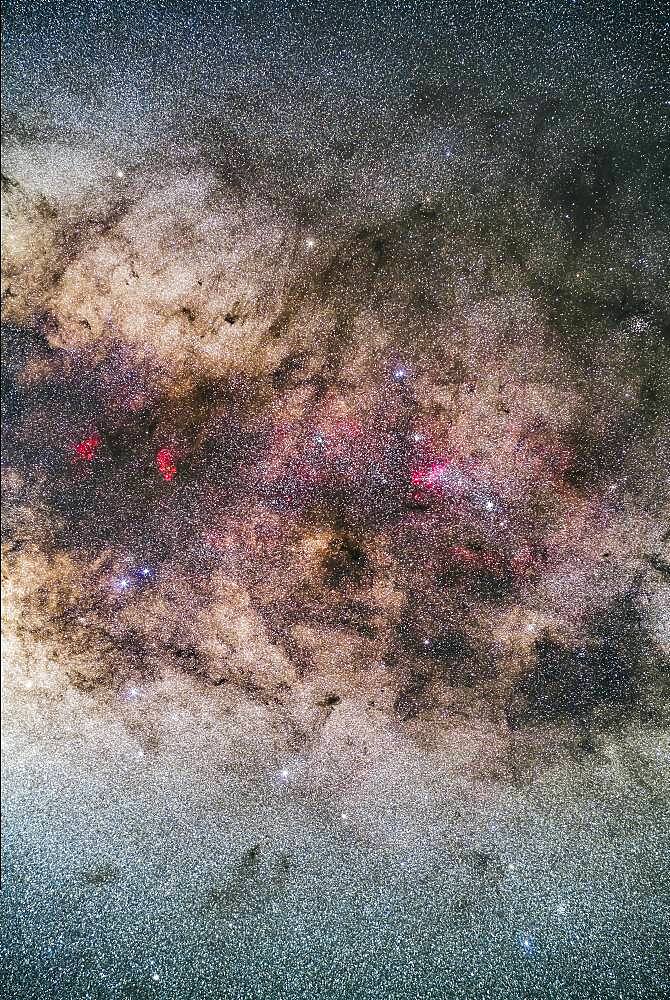 The tail of Scorpius, photographed with it high in the sky from Australia. The frame is oriented with the Milky Way running horizontally and the hook of the tail vertically.