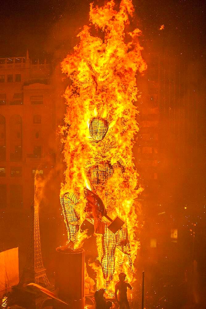 Crema, burning, Falla of Plaza del Ayuntamiento,Fallas festival,Valencia,Spain