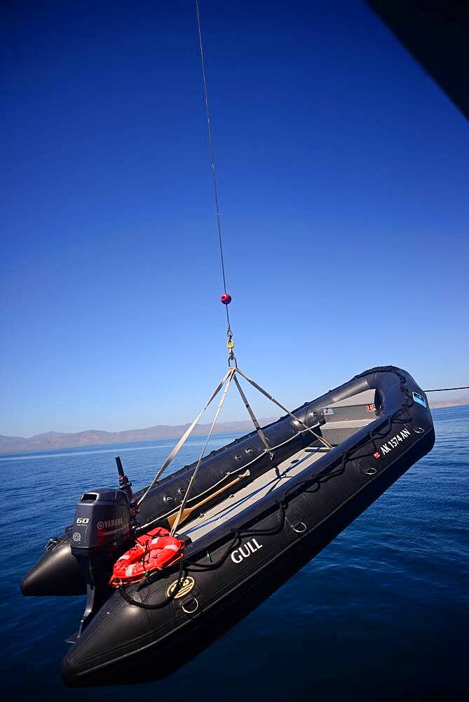 Unloading zodiac from National Geographic Sea Bird, Baja California Sur, Mexico