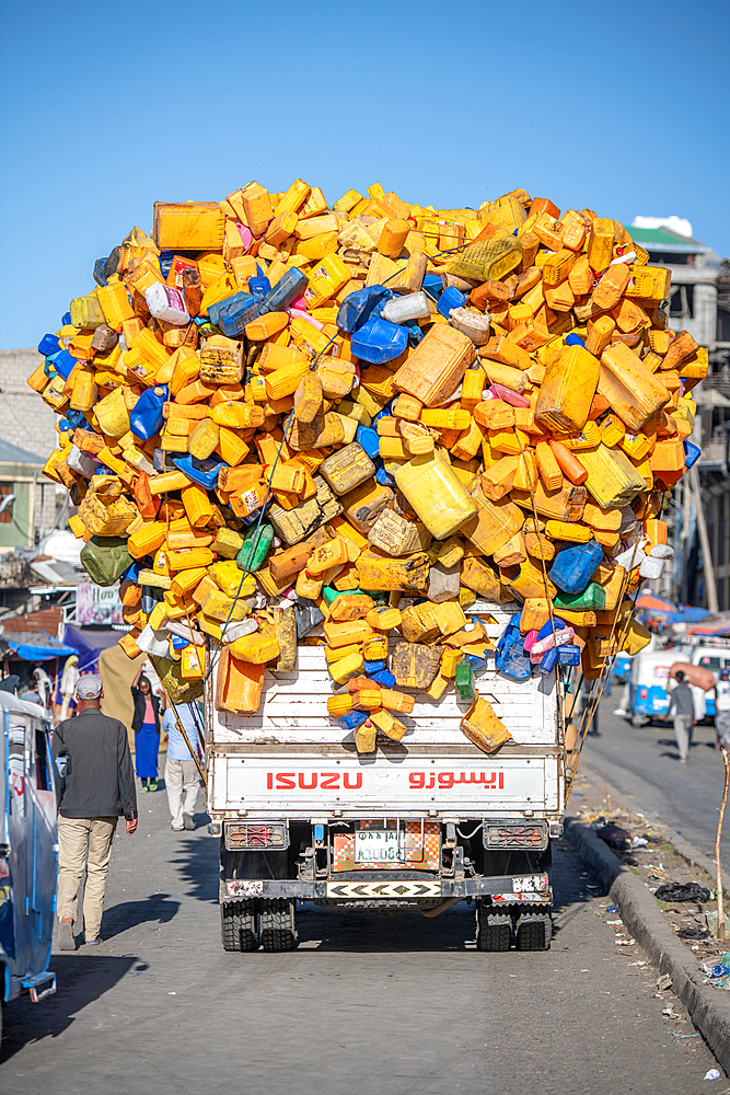 An Isuzu truck overloaded with plastic bottles and containers, Berhan, Ethiopia