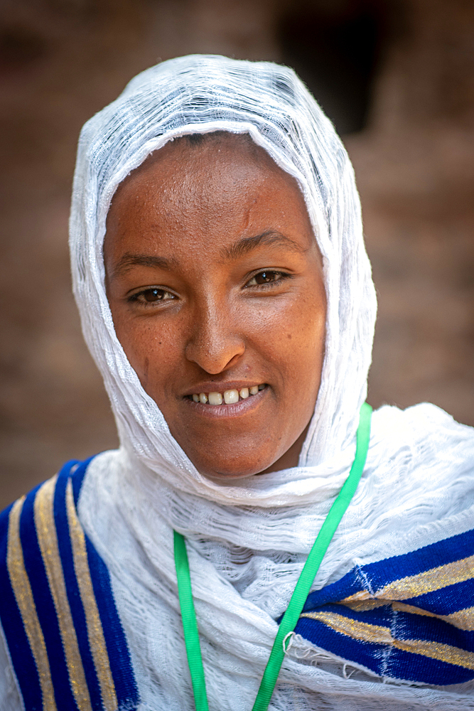 Portrait of an Ethiopian woman outside of Bet Medhane Alem (Church of the World Savior) in Lalibela, Ethiopia