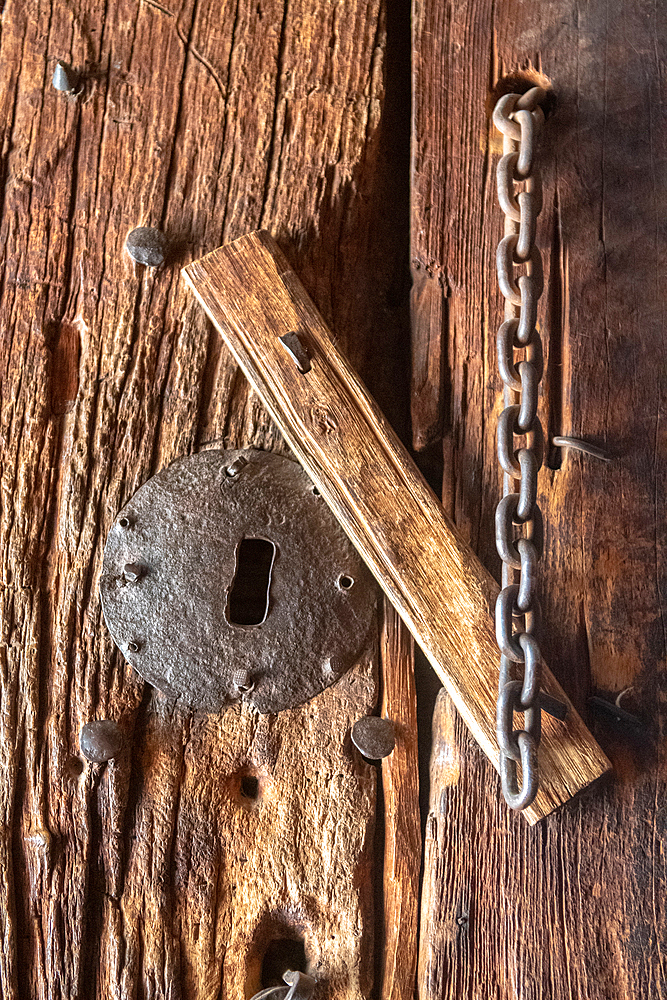 A keyhole in a wooden door, Bet Meskel (House of the Cross) in Lalibela, Ethiopia