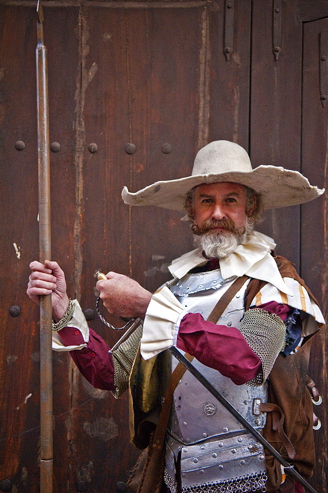 Man in Don Quixote costume for annual Cervantino festival honoring Spanish author Miguel de Cervantes in Guanajuato, Mexico.