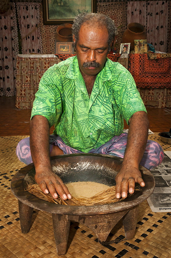 Tui Talili preparing kava for guests at Bulou's Eco Lodge, Navala Village, Viti Levu Island, Fiji.