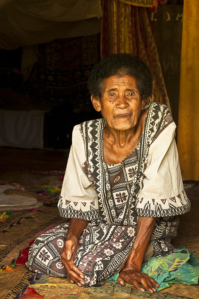 Village elder in her bure; Navala Village, Viti Levu Island, Fiji.