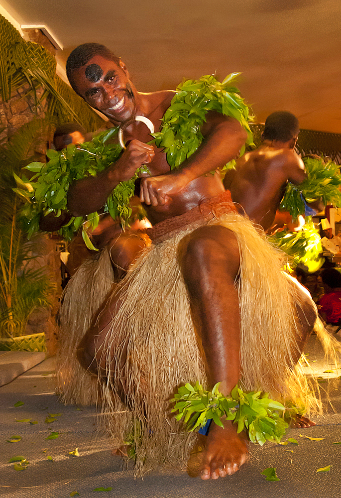 Fijian dancer during Meke at Naviti Resort, Coral Coast, Viti Levu, Fiji.