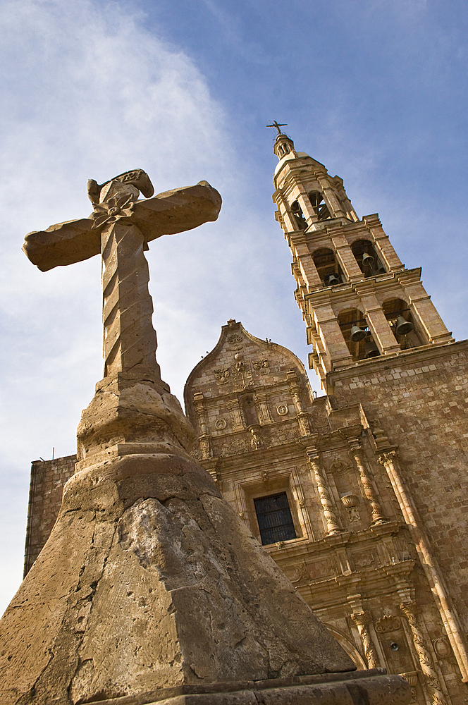 Cross and front of church Nuestra SeÒora del Rosario in the town of El Rosario, just south of Mazatlan, Sinaloa, Mexico.