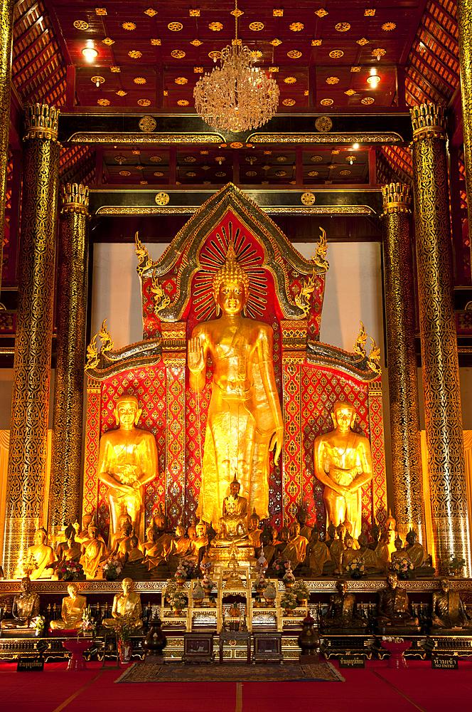 Buddha statues in Wat Chedi Luang Wora Wihan Buddhist temple in Chiang Mai, Thailand.