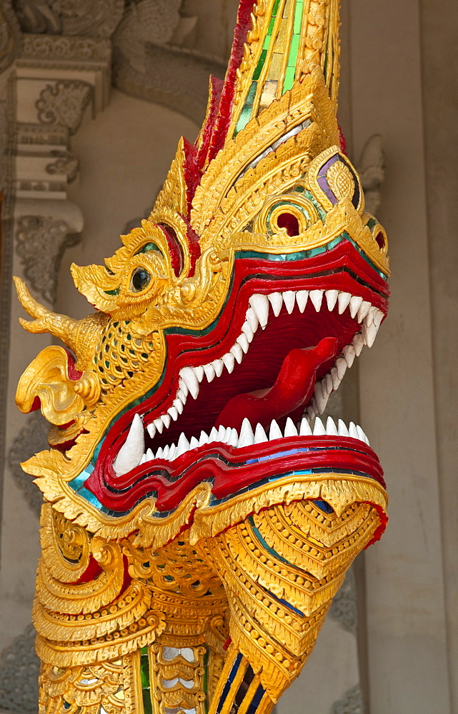 Dragon figure at Wat Chedi Luang Wora Wihan Buddhist temple in Chiang Mai, Thailand.