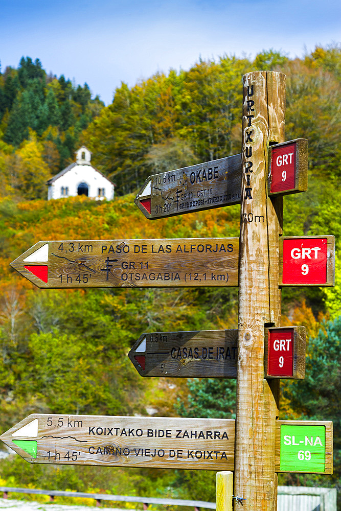 Virgen de las Nieves shrine and route signals. Irati Forest. Navarre, Spain Europe