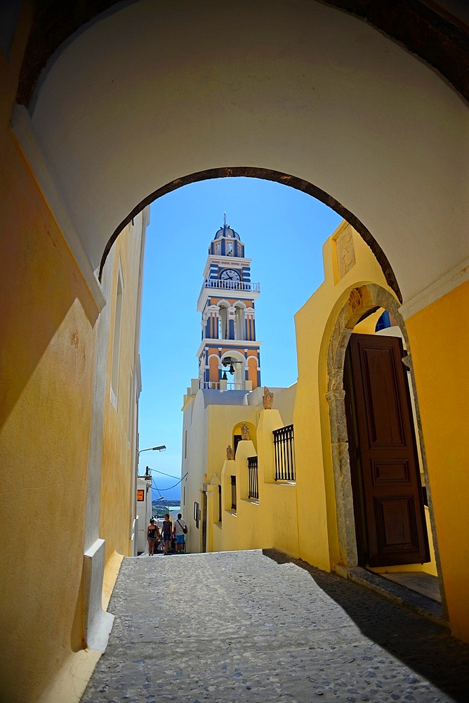 Tower of the Cathedral of Saint John the Baptist in Fira, Santorini, Greek Islands, Greece