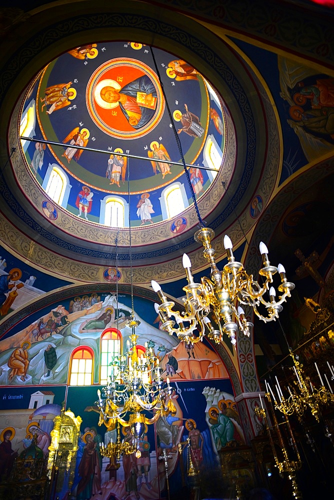 Interior of Greek Orthodox Church Panagia of Platsiani in Oia Main Square, also known as Nicolaou Nomikou Square, Santorini.