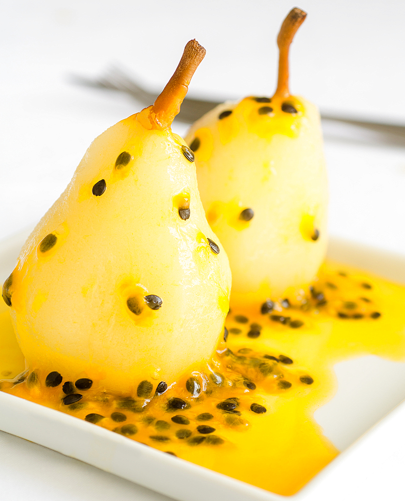 pear compote with passion fruit syrup