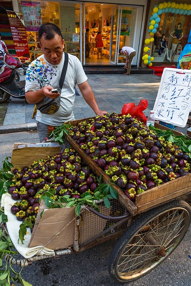 A vendor sells mangosteen fruit from a three-wheeled bike cart on the street in Guilin, China.