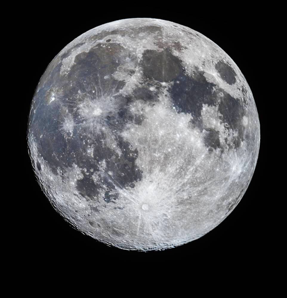 The 13.7-day-old Moon (a day before Full) with the south polar region tipped toward us in a favourable libration for viewing the southern regions and features. This was April 6, 2020. The large crater, Bailly, is on the southern limb, better seen here than at most similar phases, due to the favourable southern libration.