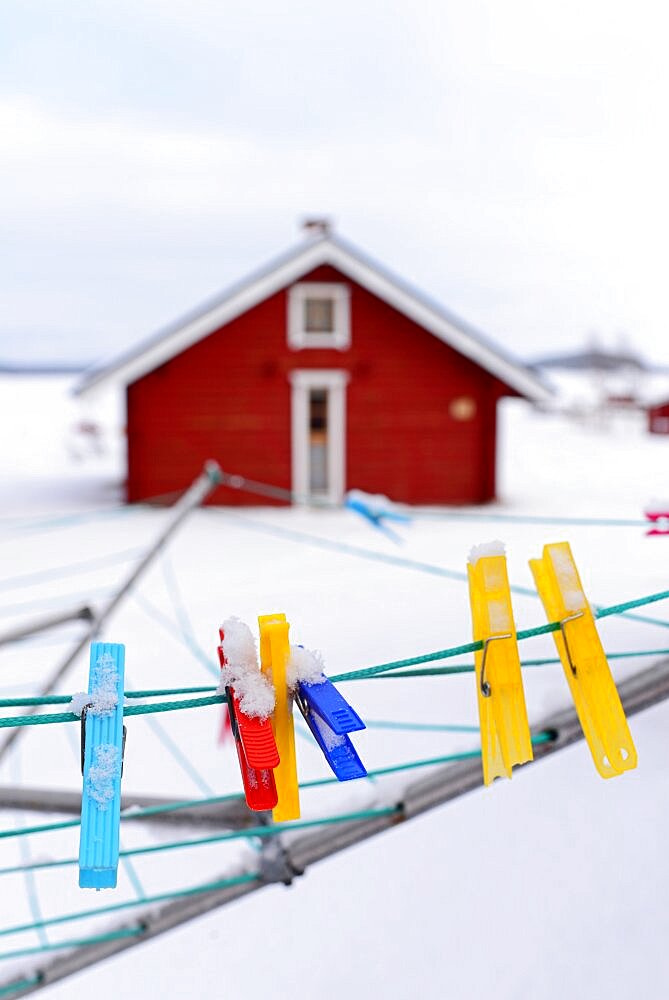 Wood cabins from VisitInari next to Lake Inari, Lapland, Finland